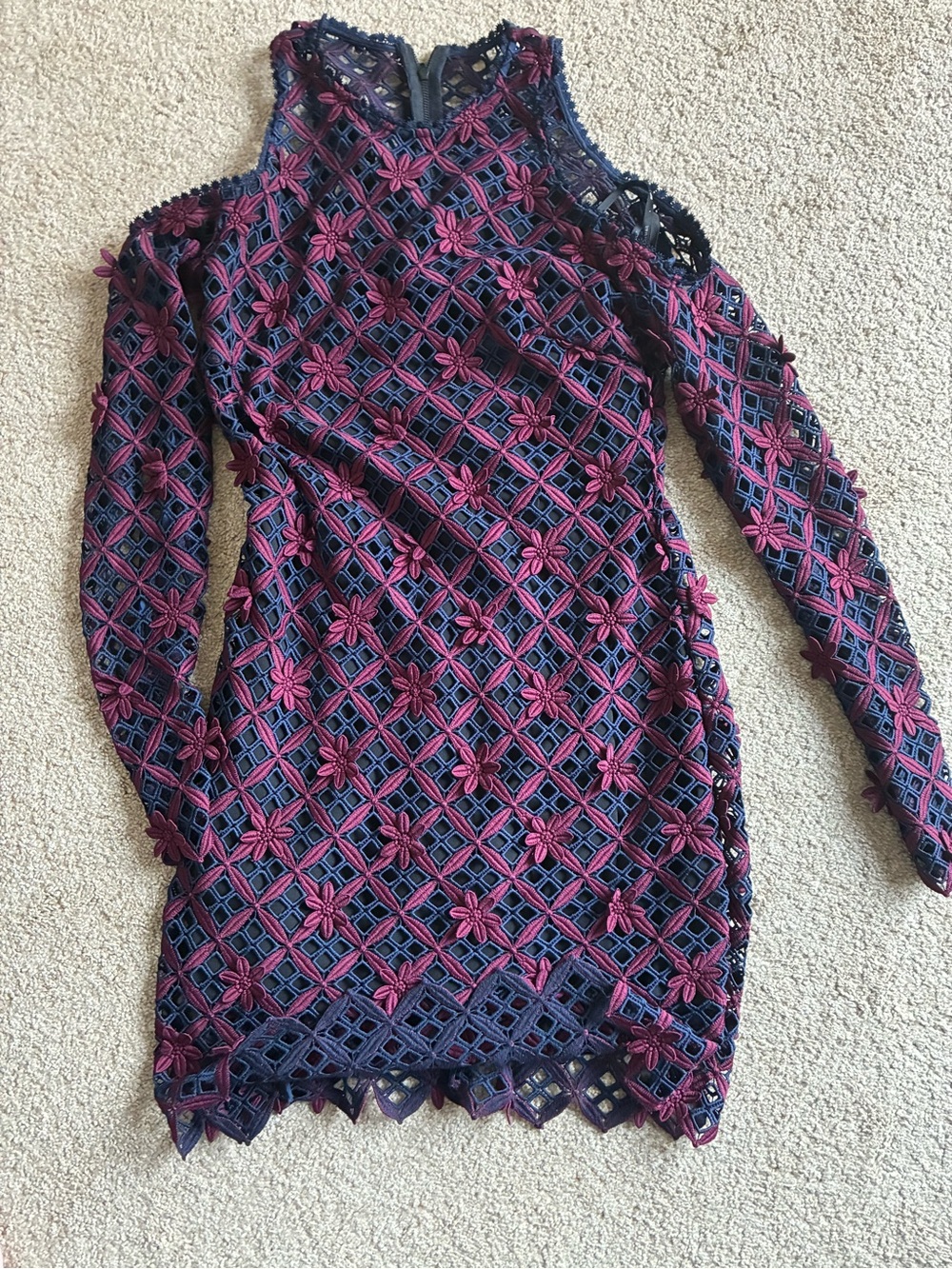 Self Portrait Women’s Navy and Magenta Lace Cold-Shoulder Dress